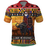 Kenya Safari Christmas Polo Shirt Black Santa Riding Cape Buffalo - Heri ya Krismasi - Wonder Print Shop