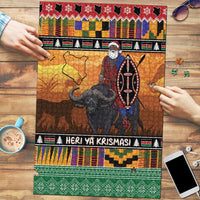 Kenya Safari Christmas Puzzle Black Santa Riding Cape Buffalo - Heri ya Krismasi - Wonder Print Shop