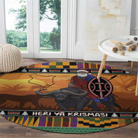 Kenya Safari Christmas Round Carpet Black Santa Riding Cape Buffalo - Heri ya Krismasi - Wonder Print Shop