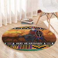 Kenya Safari Christmas Round Carpet Black Santa Riding Cape Buffalo - Heri ya Krismasi - Wonder Print Shop