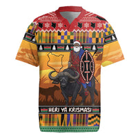 Kenya Safari Christmas Rugby Jersey Black Santa Riding Cape Buffalo - Heri ya Krismasi - Wonder Print Shop