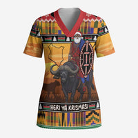 Kenya Safari Christmas Scrub Top Black Santa Riding Cape Buffalo - Heri ya Krismasi - Wonder Print Shop