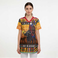 Kenya Safari Christmas Scrub Top Black Santa Riding Cape Buffalo - Heri ya Krismasi - Wonder Print Shop