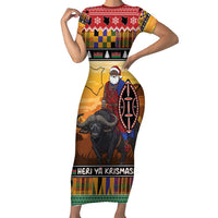 Kenya Safari Christmas Short Sleeve Bodycon Dress Black Santa Riding Cape Buffalo - Heri ya Krismasi - Wonder Print Shop