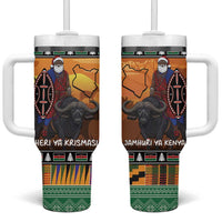 Kenya Safari Christmas Tumbler With Handle Black Santa Riding Cape Buffalo - Heri ya Krismasi - Wonder Print Shop