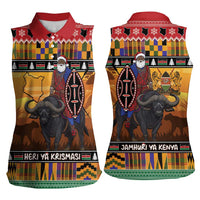 Kenya Safari Christmas Women Sleeveless Polo Shirt Black Santa Riding Cape Buffalo - Heri ya Krismasi - Wonder Print Shop