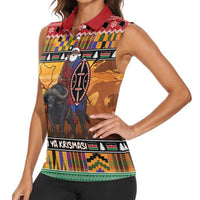 Kenya Safari Christmas Women Sleeveless Polo Shirt Black Santa Riding Cape Buffalo - Heri ya Krismasi - Wonder Print Shop