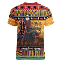 Kenya Safari Christmas Women V-Neck T-Shirt Black Santa Riding Cape Buffalo - Heri ya Krismasi - Wonder Print Shop