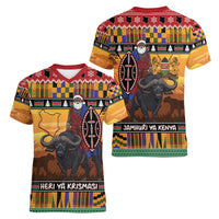 Kenya Safari Christmas Women V-Neck T-Shirt Black Santa Riding Cape Buffalo - Heri ya Krismasi - Wonder Print Shop