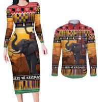 Kenya Safari Christmas Couples Matching Long Sleeve Bodycon Dress and Long Sleeve Button Shirt Black Santa Riding Elephant - Heri ya Krismasi - Wonder Print Shop
