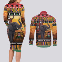 Kenya Safari Christmas Couples Matching Long Sleeve Bodycon Dress and Long Sleeve Button Shirt Black Santa Riding Elephant - Heri ya Krismasi - Wonder Print Shop