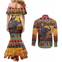 Kenya Safari Christmas Couples Matching Mermaid Dress and Long Sleeve Button Shirt Black Santa Riding Elephant - Heri ya Krismasi - Wonder Print Shop