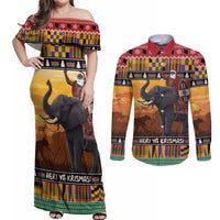 Kenya Safari Christmas Couples Matching Off Shoulder Maxi Dress and Long Sleeve Button Shirt Black Santa Riding Elephant - Heri ya Krismasi - Wonder Print Shop