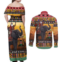 Kenya Safari Christmas Couples Matching Off Shoulder Maxi Dress and Long Sleeve Button Shirt Black Santa Riding Elephant - Heri ya Krismasi - Wonder Print Shop
