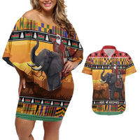 Kenya Safari Christmas Couples Matching Off Shoulder Short Dress and Hawaiian Shirt Black Santa Riding Elephant - Heri ya Krismasi - Wonder Print Shop