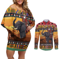Kenya Safari Christmas Couples Matching Off Shoulder Short Dress and Long Sleeve Button Shirt Black Santa Riding Elephant - Heri ya Krismasi - Wonder Print Shop