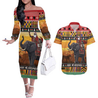 Kenya Safari Christmas Couples Matching Off The Shoulder Long Sleeve Dress and Hawaiian Shirt Black Santa Riding Elephant - Heri ya Krismasi - Wonder Print Shop