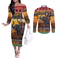 Kenya Safari Christmas Couples Matching Off The Shoulder Long Sleeve Dress and Long Sleeve Button Shirt Black Santa Riding Elephant - Heri ya Krismasi - Wonder Print Shop