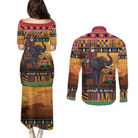 Kenya Safari Christmas Couples Matching Puletasi and Long Sleeve Button Shirt Black Santa Riding Elephant - Heri ya Krismasi - Wonder Print Shop
