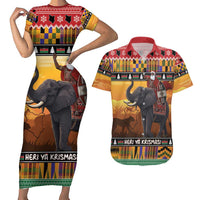 Kenya Safari Christmas Couples Matching Short Sleeve Bodycon Dress and Hawaiian Shirt Black Santa Riding Elephant - Heri ya Krismasi - Wonder Print Shop