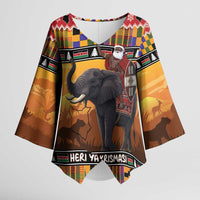 Kenya Safari Christmas Kimono Sleeve Blouse Black Santa Riding Elephant - Heri ya Krismasi - Wonder Print Shop