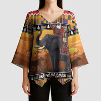 Kenya Safari Christmas Kimono Sleeve Blouse Black Santa Riding Elephant - Heri ya Krismasi - Wonder Print Shop