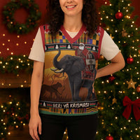 Kenya Safari Christmas Knitted V-Neck Vest Black Santa Riding Elephant - Heri ya Krismasi - Wonder Print Shop