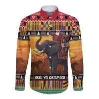 Kenya Safari Christmas Long Sleeve Button Shirt Black Santa Riding Elephant - Heri ya Krismasi - Wonder Print Shop
