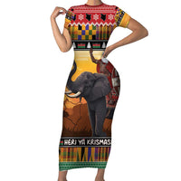 Kenya Safari Christmas Short Sleeve Bodycon Dress Black Santa Riding Elephant - Heri ya Krismasi - Wonder Print Shop
