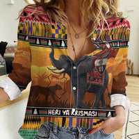 Kenya Safari Christmas Women Casual Shirt Black Santa Riding Elephant - Heri ya Krismasi - Wonder Print Shop