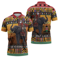 Kenya Safari Christmas Zipper Polo Shirt Black Santa Riding Elephant - Heri ya Krismasi - Wonder Print Shop