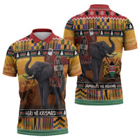 Kenya Safari Christmas Zipper Polo Shirt Black Santa Riding Elephant - Heri ya Krismasi - Wonder Print Shop