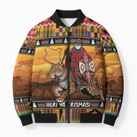 Kenya Safari Christmas Bomber Puffer Jacket Black Santa Riding Leopards - Heri ya Krismasi - Wonder Print Shop