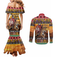 Kenya Safari Christmas Couples Matching Mermaid Dress and Long Sleeve Button Shirt Black Santa Riding Leopards - Heri ya Krismasi - Wonder Print Shop