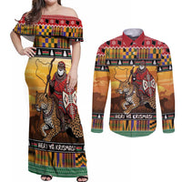 Kenya Safari Christmas Couples Matching Off Shoulder Maxi Dress and Long Sleeve Button Shirt Black Santa Riding Leopards - Heri ya Krismasi - Wonder Print Shop