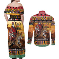 Kenya Safari Christmas Couples Matching Off Shoulder Maxi Dress and Long Sleeve Button Shirt Black Santa Riding Leopards - Heri ya Krismasi - Wonder Print Shop