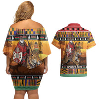 Kenya Safari Christmas Couples Matching Off Shoulder Short Dress and Hawaiian Shirt Black Santa Riding Leopards - Heri ya Krismasi - Wonder Print Shop