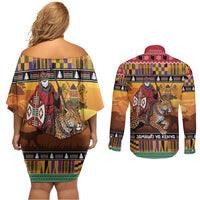 Kenya Safari Christmas Couples Matching Off Shoulder Short Dress and Long Sleeve Button Shirt Black Santa Riding Leopards - Heri ya Krismasi - Wonder Print Shop