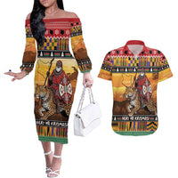 Kenya Safari Christmas Couples Matching Off The Shoulder Long Sleeve Dress and Hawaiian Shirt Black Santa Riding Leopards - Heri ya Krismasi - Wonder Print Shop