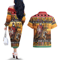 Kenya Safari Christmas Couples Matching Off The Shoulder Long Sleeve Dress and Hawaiian Shirt Black Santa Riding Leopards - Heri ya Krismasi - Wonder Print Shop