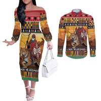 Kenya Safari Christmas Couples Matching Off The Shoulder Long Sleeve Dress and Long Sleeve Button Shirt Black Santa Riding Leopards - Heri ya Krismasi - Wonder Print Shop