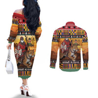 Kenya Safari Christmas Couples Matching Off The Shoulder Long Sleeve Dress and Long Sleeve Button Shirt Black Santa Riding Leopards - Heri ya Krismasi - Wonder Print Shop