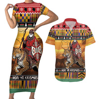 Kenya Safari Christmas Couples Matching Short Sleeve Bodycon Dress and Hawaiian Shirt Black Santa Riding Leopards - Heri ya Krismasi - Wonder Print Shop