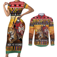 Kenya Safari Christmas Couples Matching Short Sleeve Bodycon Dress and Long Sleeve Button Shirt Black Santa Riding Leopards - Heri ya Krismasi - Wonder Print Shop
