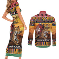Kenya Safari Christmas Couples Matching Short Sleeve Bodycon Dress and Long Sleeve Button Shirt Black Santa Riding Leopards - Heri ya Krismasi - Wonder Print Shop