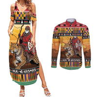 Kenya Safari Christmas Couples Matching Summer Maxi Dress and Long Sleeve Button Shirt Black Santa Riding Leopards - Heri ya Krismasi - Wonder Print Shop