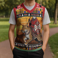 Kenya Safari Christmas Knitted V-Neck Vest Black Santa Riding Leopards - Heri ya Krismasi - Wonder Print Shop