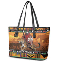 Kenya Safari Christmas Leather Tote Bag Black Santa Riding Leopards - Heri ya Krismasi - Wonder Print Shop