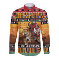 Kenya Safari Christmas Long Sleeve Button Shirt Black Santa Riding Leopards - Heri ya Krismasi - Wonder Print Shop