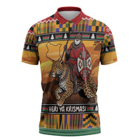 Kenya Safari Christmas Zipper Polo Shirt Black Santa Riding Leopards - Heri ya Krismasi - Wonder Print Shop